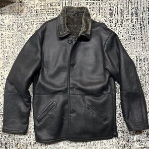 Men's Black Leather Shearling Coat Size L